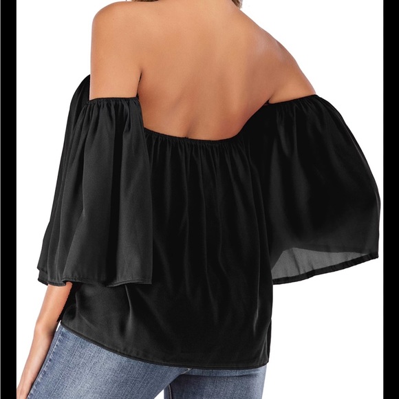 Black chiffon flowy off shoulder dressy boutique blouse top one size - Picture 6 of 6